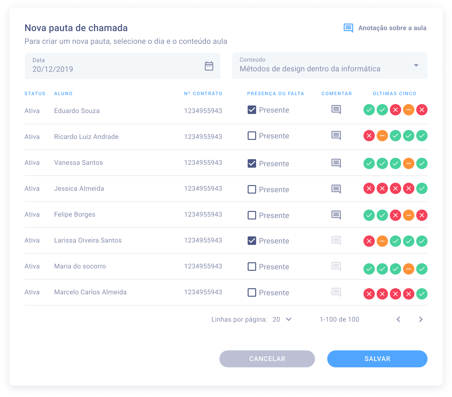 Pauta de chamada e acompanhamento de alunos no AVA F10.